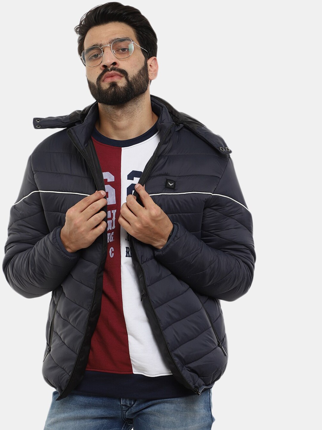 

V-Mart Men Solid Cotton hooded Padded Jacket, Navy blue