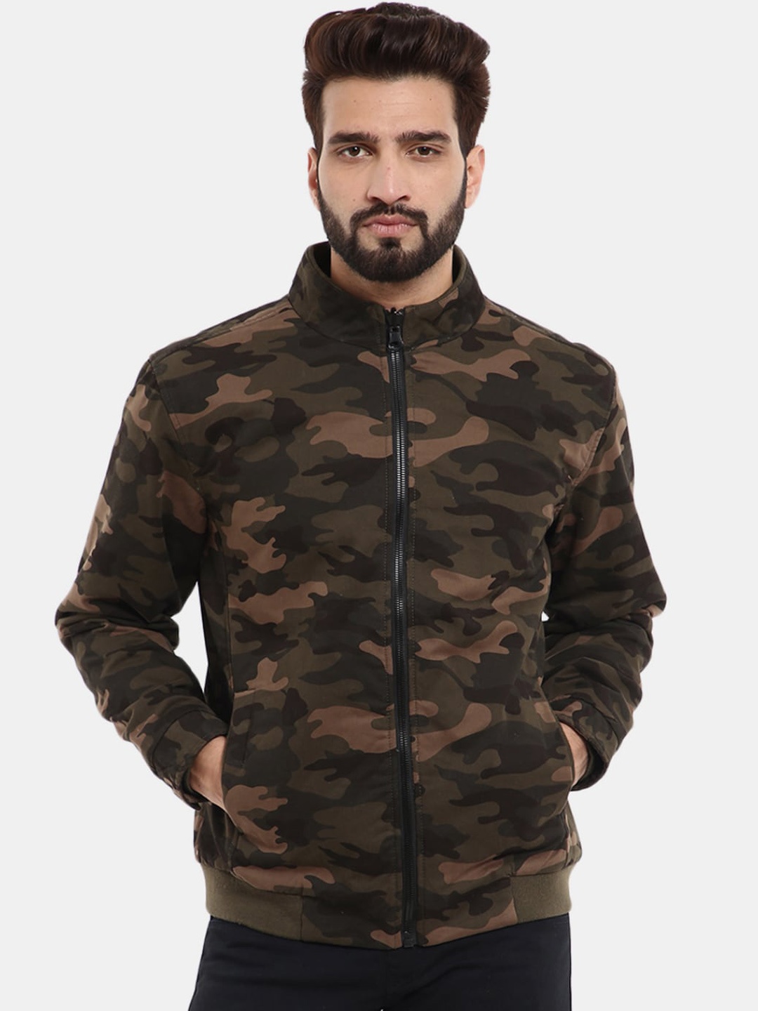 

V-Mart Men Camouflage Printed Cotton Bomber Jacket, Olive