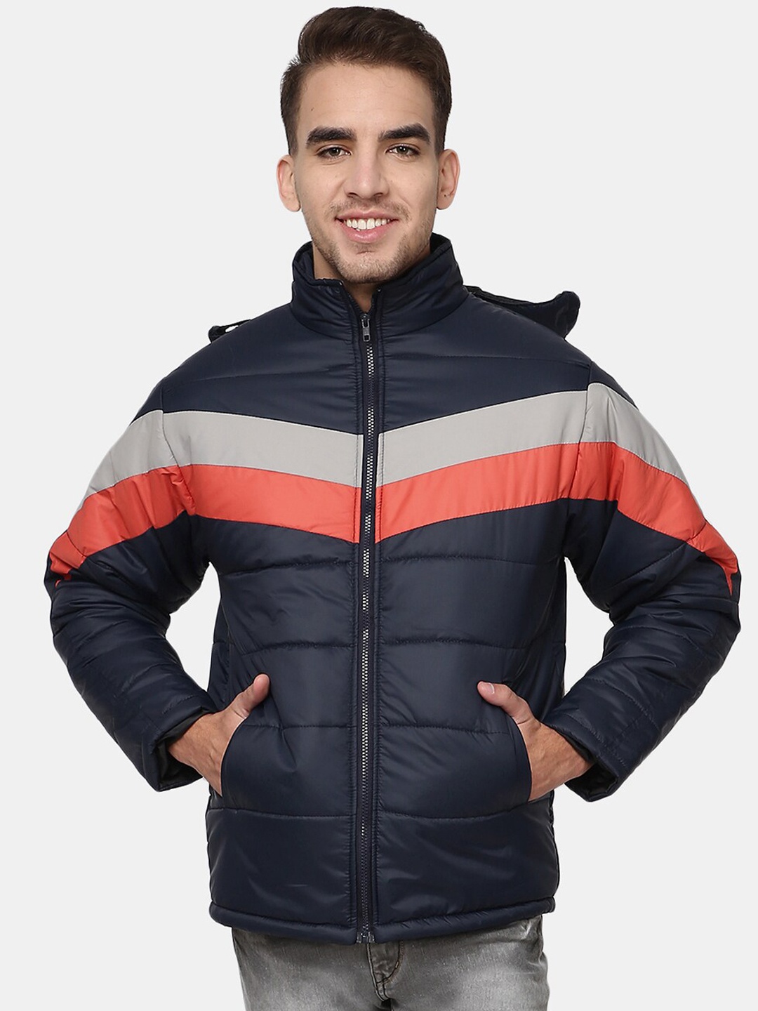 

V-Mart Men Colourblocked Cotton Hooded Padded Jacket, Navy blue