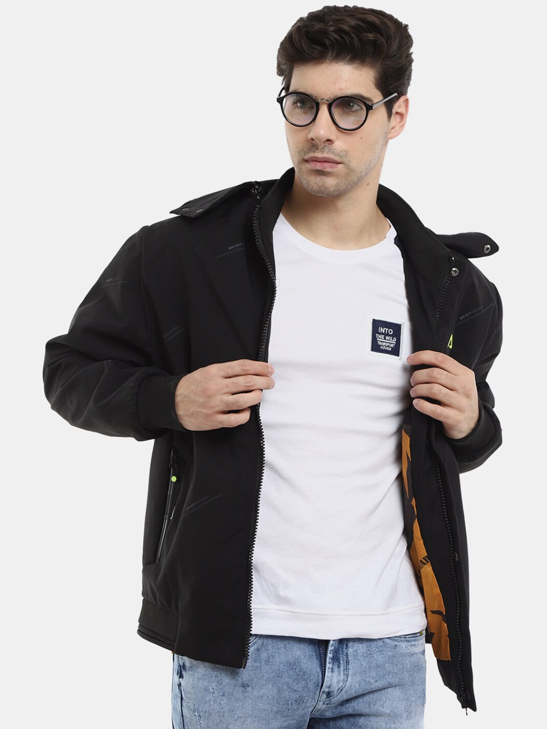 

V-Mart Men Printed Nylon Hooded Bomber Jacket, Black