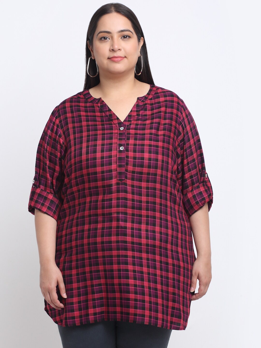 

plusS Plus Size Checked Roll-Up Sleeves Top, Pink