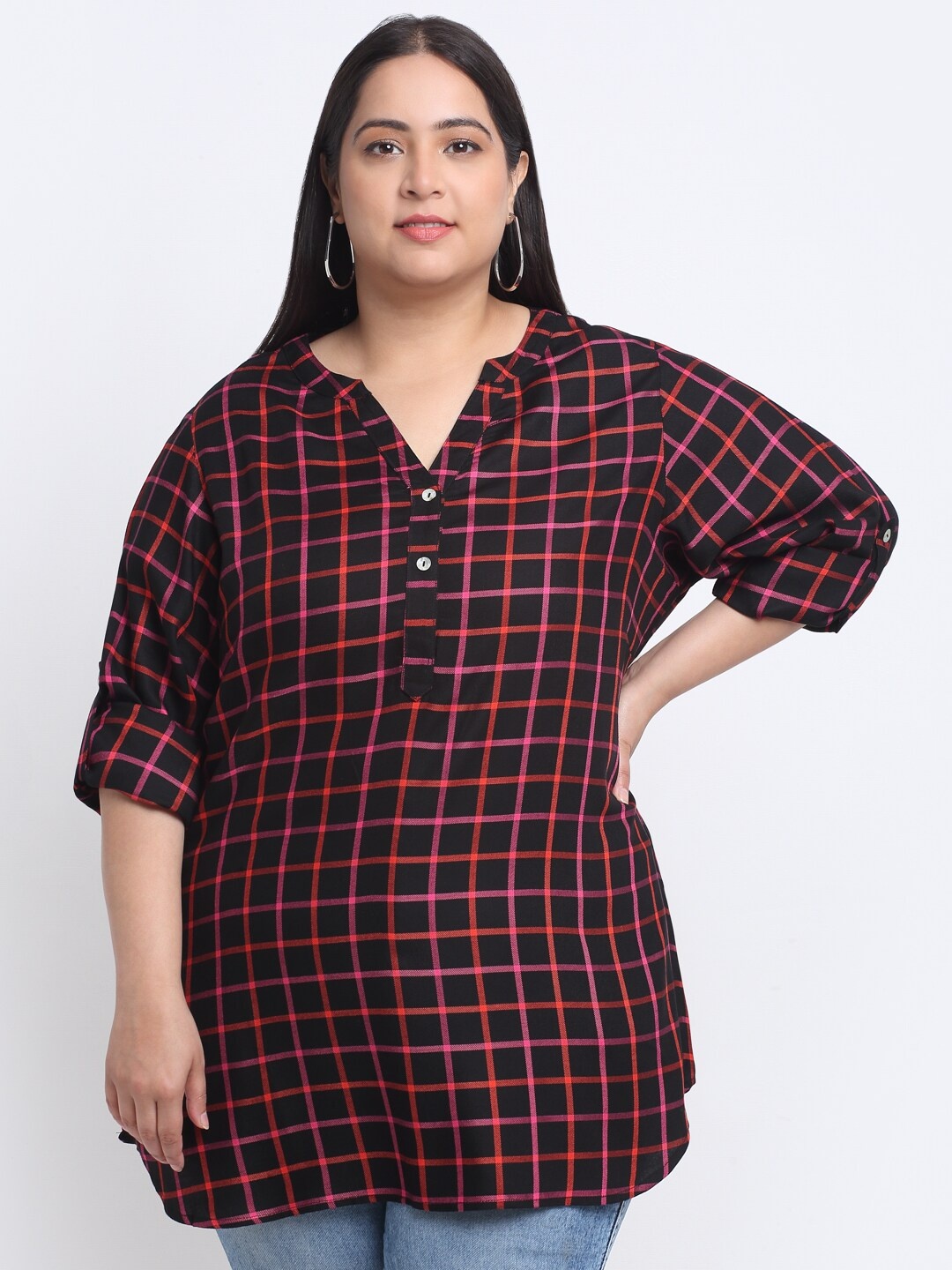 

plusS Plus Size Checked Top, Black