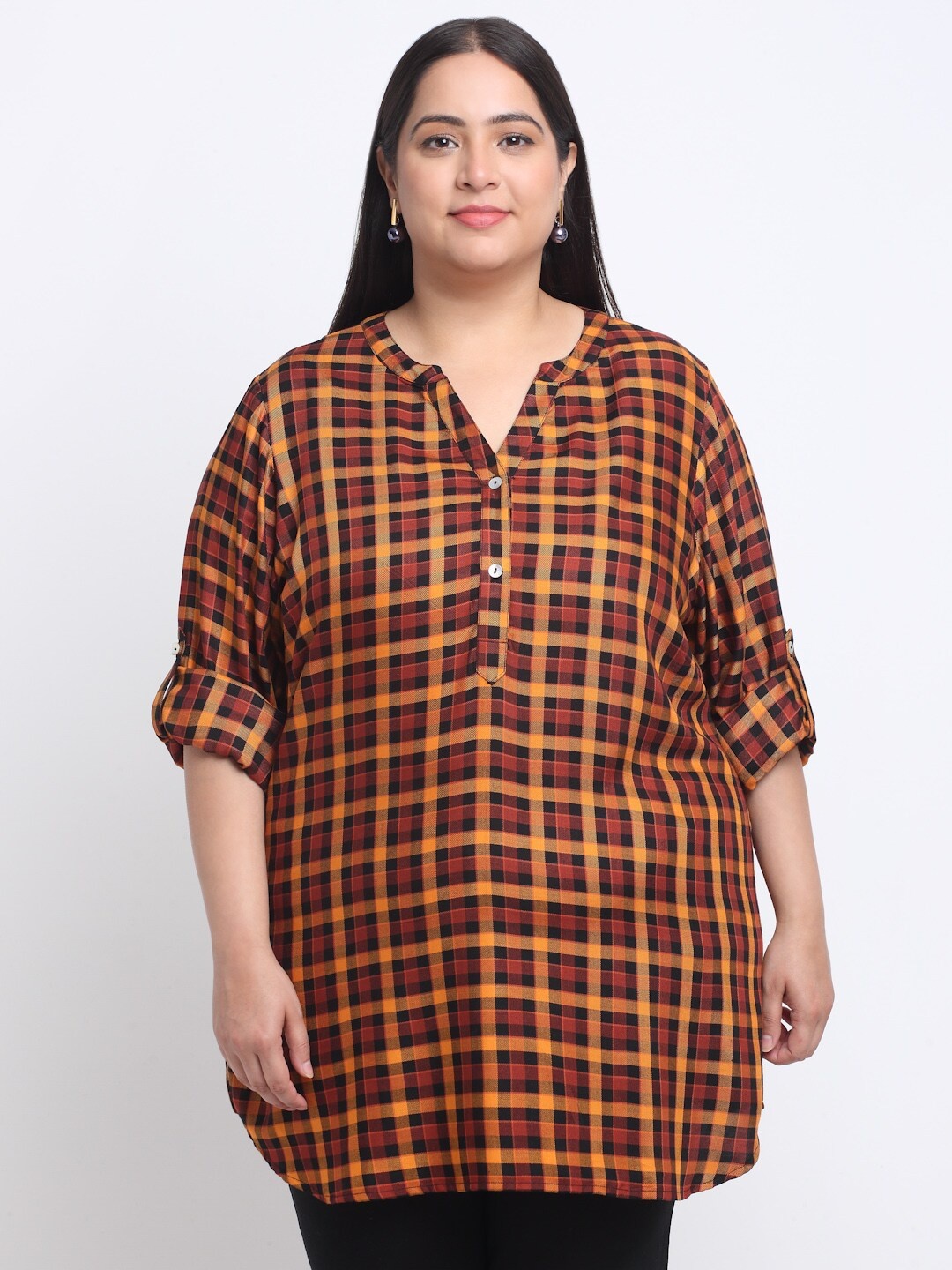 

plusS Plus Size Checked Mandarin Collar Roll-Up Sleeves Longline Top, Mustard