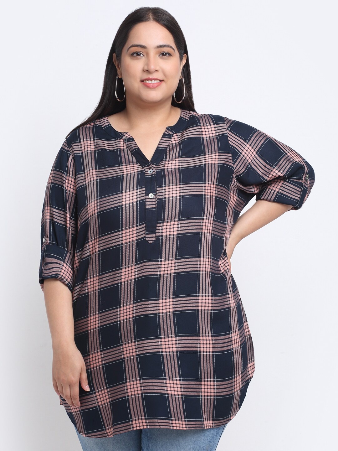 

plusS Plus Size Checked Mandarin Collar Roll-Up Sleeves Longline Top, Navy blue
