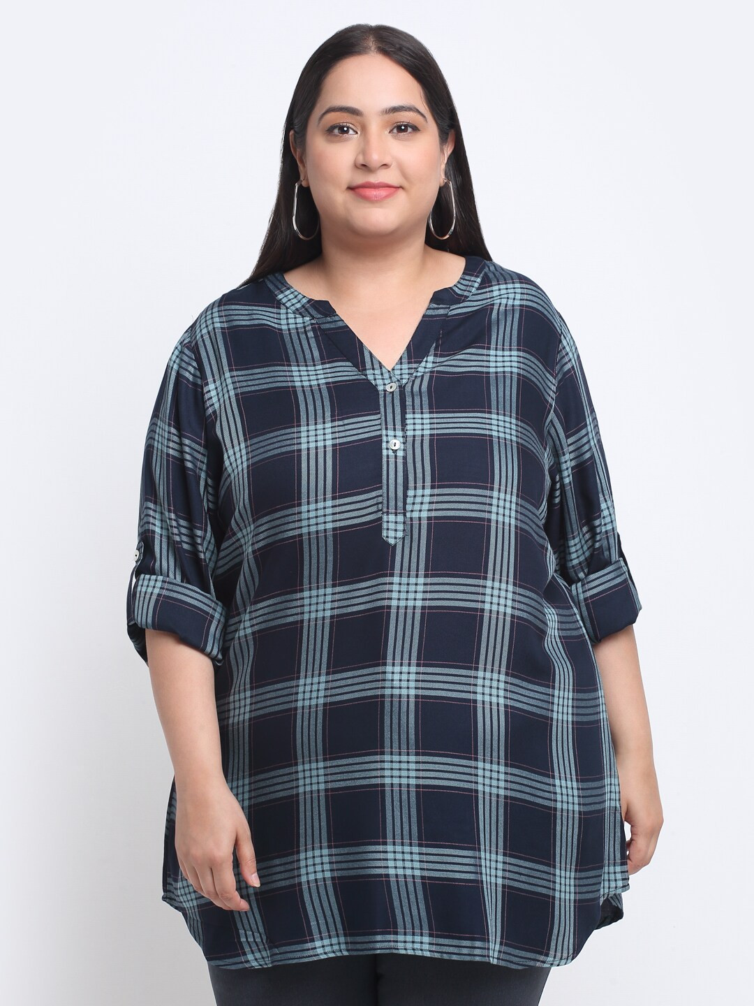 

plusS Plus Size Checked Styled Back Top, Navy blue