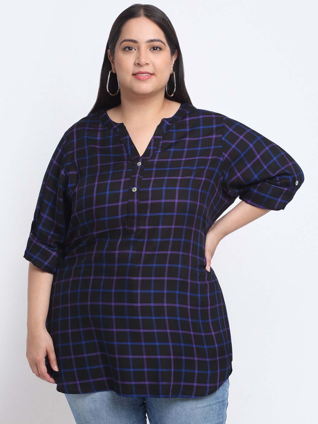 

plusS Plus Size Checked Roll-Up Sleeves Top, Black
