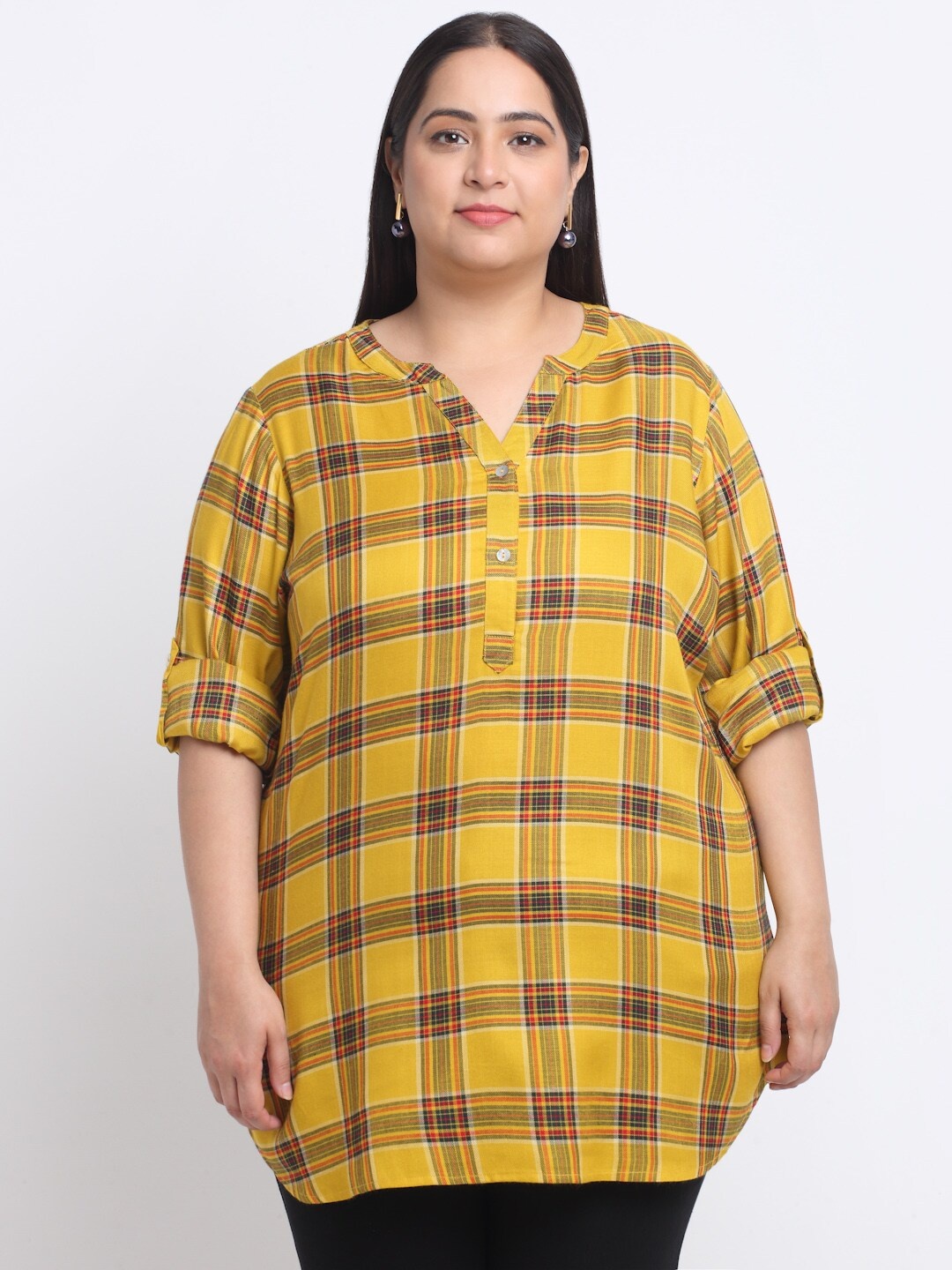 

plusS Plus Size Checked Roll-Up Sleeves Top, Yellow