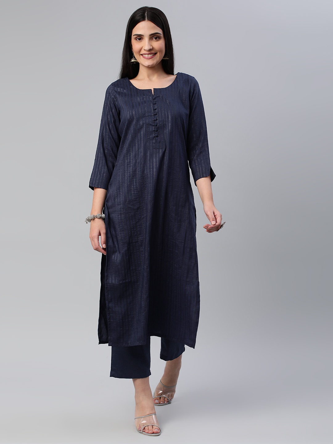 

KALINI Striped Round Neck Straight Kurta With Trousers, Blue
