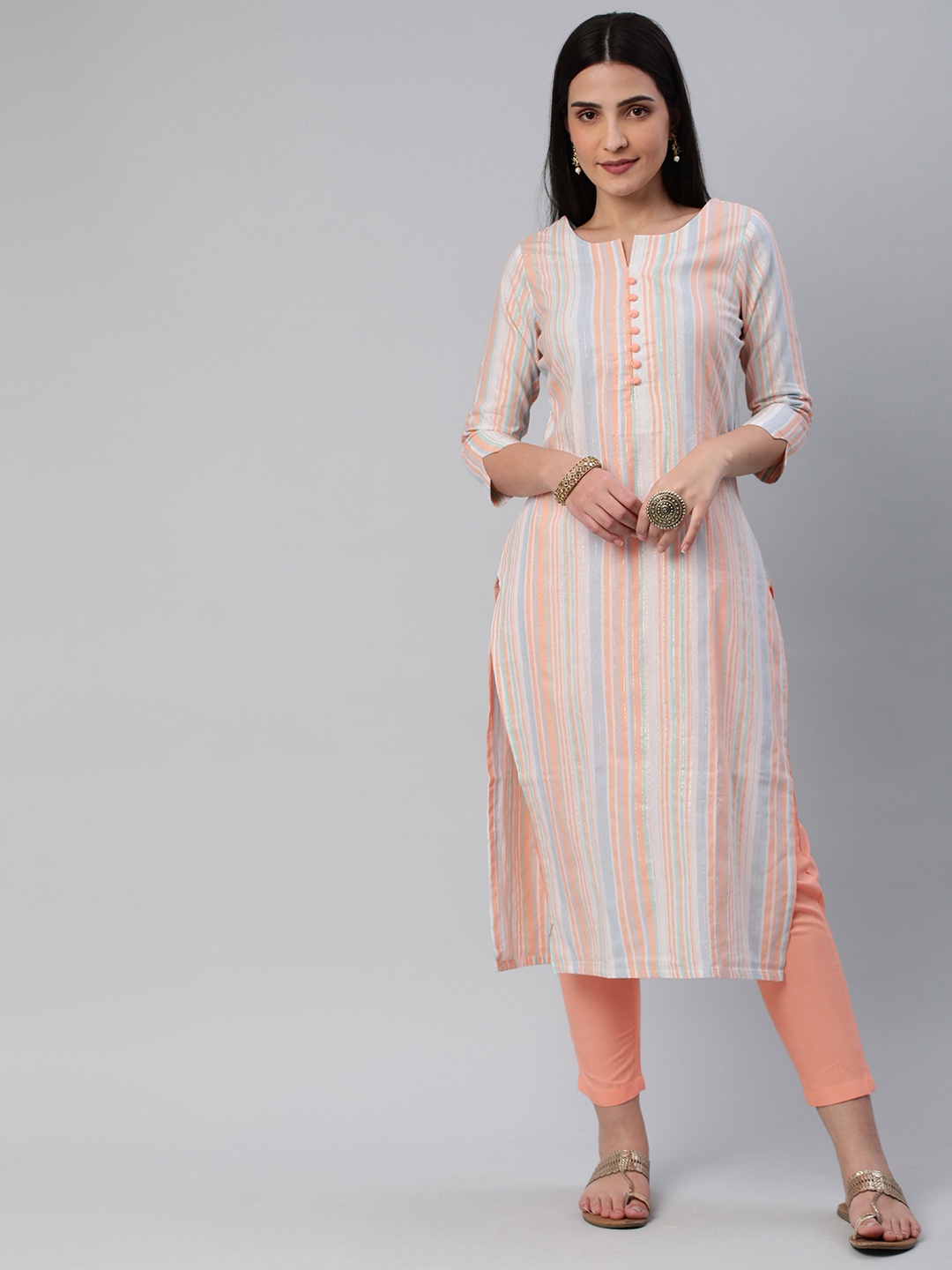 

KALINI Women Striped Pure Cotton Kurta With Trousers, Peach