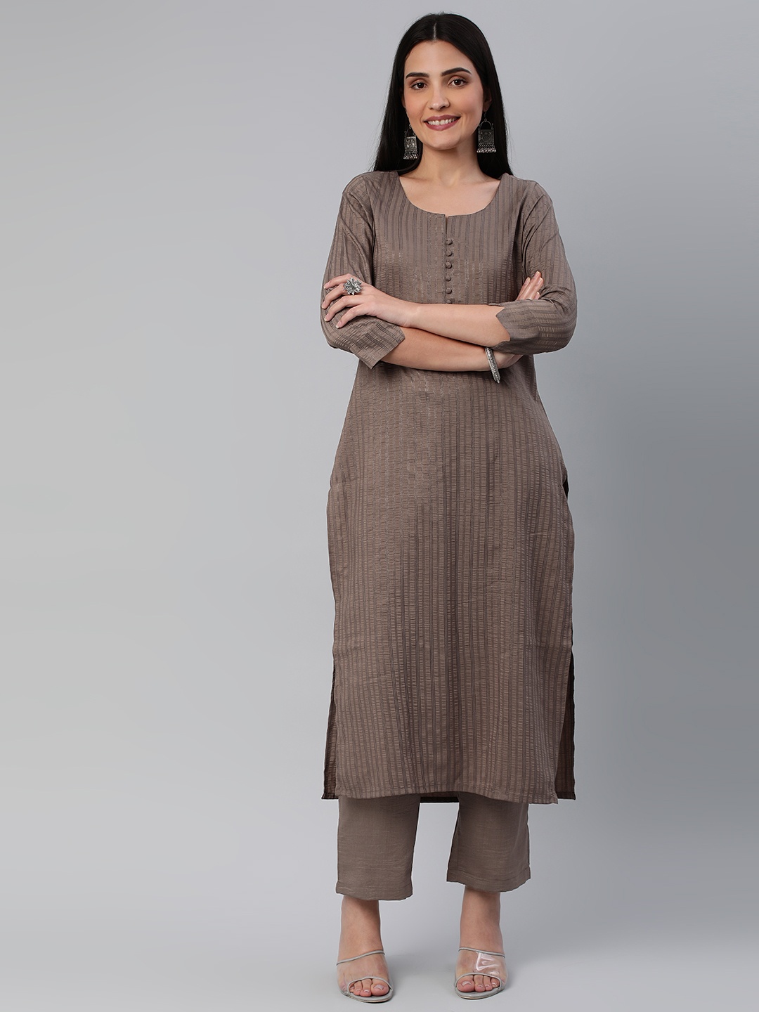 

KALINI Striped Round Neck Straight Kurta With Trousers, Brown