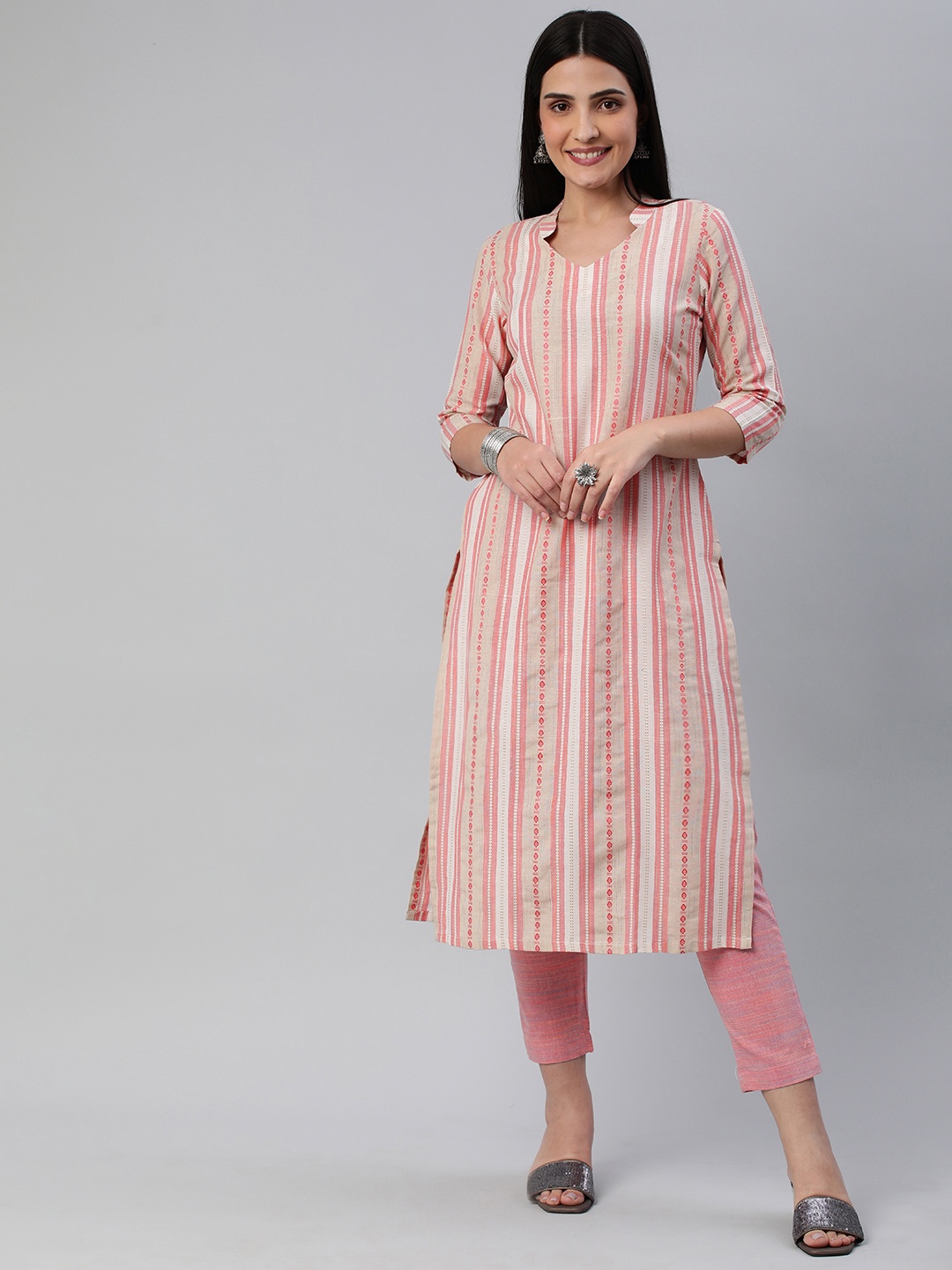 

KALINI Women Striped Pure Cotton Kurta With Trousers, Pink