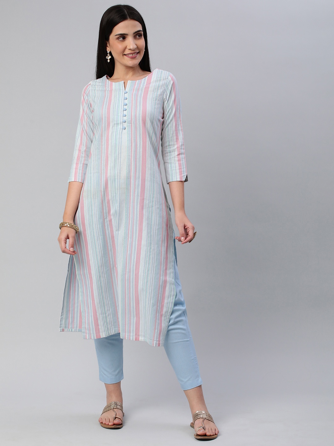 

KALINI Women Striped Pure Cotton Kurta With Trousers, Blue
