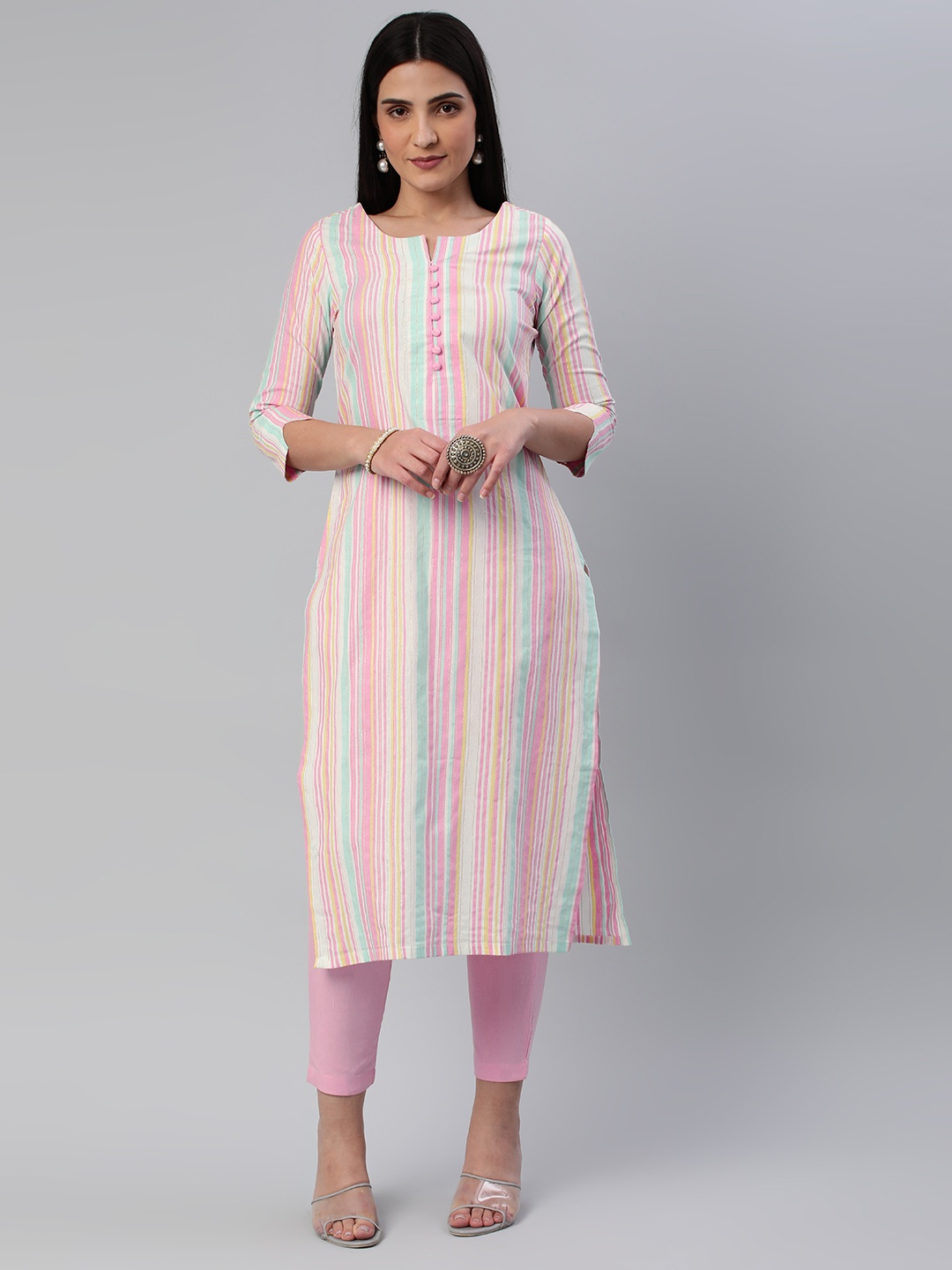

KALINI Women Striped Pure Cotton Kurta With Trousers, Pink