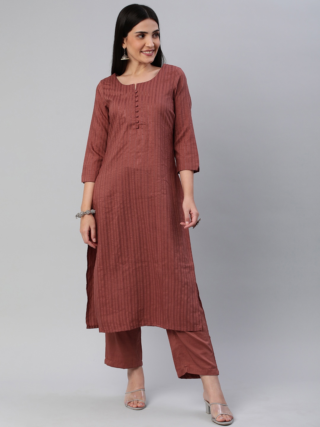 

KALINI Women Self Design Pure Cotton Kurta With Trousers, Rust