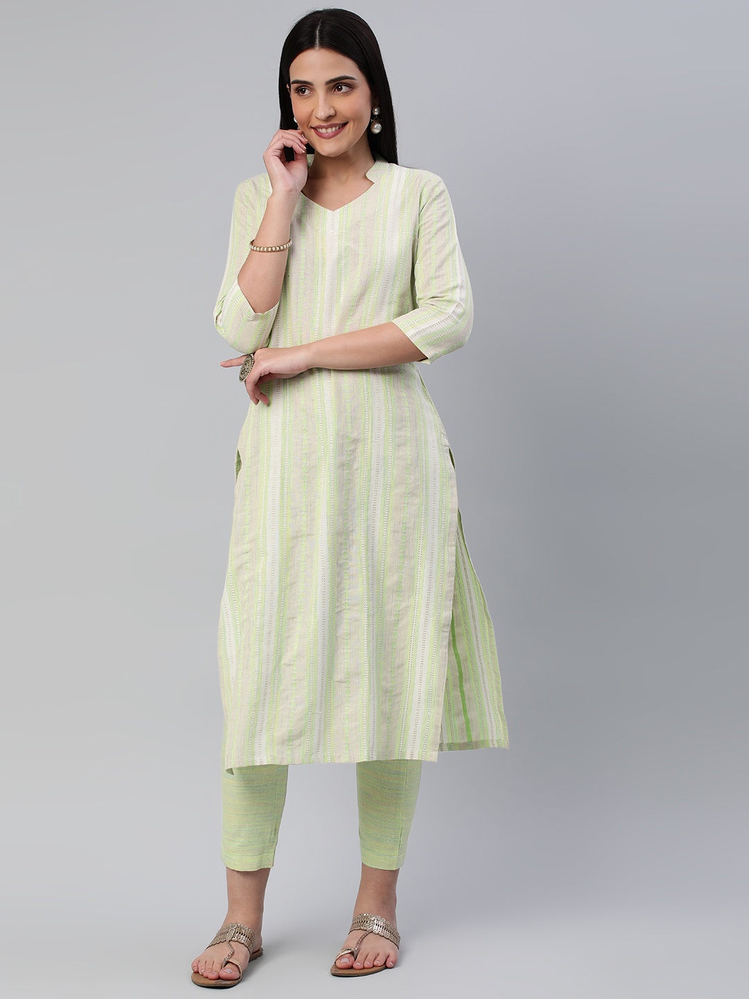 

KALINI Women Striped Pure Cotton Kurta With Trousers, Green