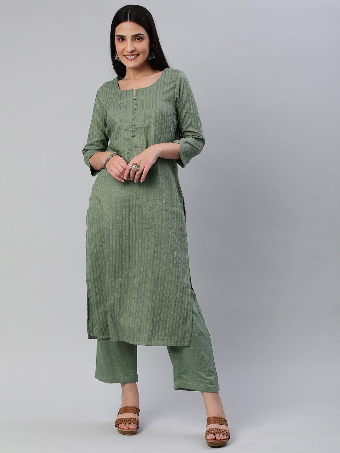 

KALINI Women Self Design Pure Cotton Kurta With Trousers, Green