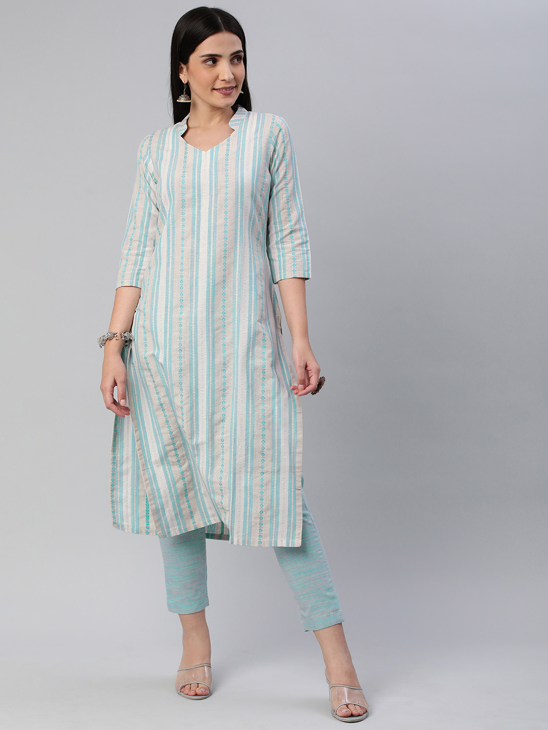 

KALINI Women Striped Pure Cotton Kurta With Trousers, Turquoise blue
