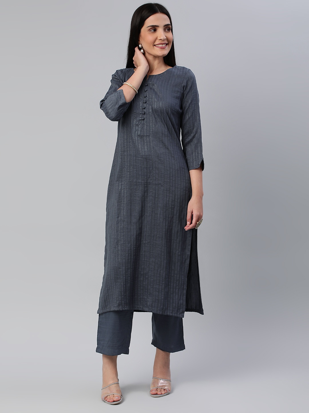 

KALINI Women Self Design Pure Cotton Kurta With Trousers, Grey