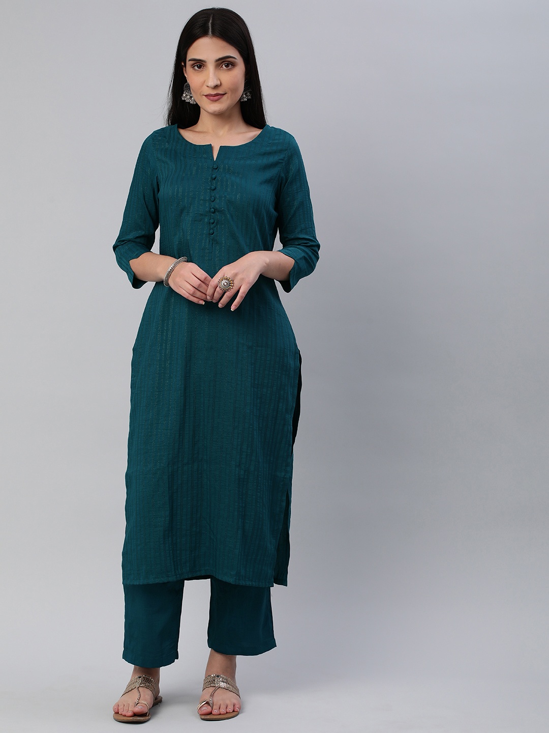 

KALINI Striped Round Neck Straight Kurta With Trousers, Teal