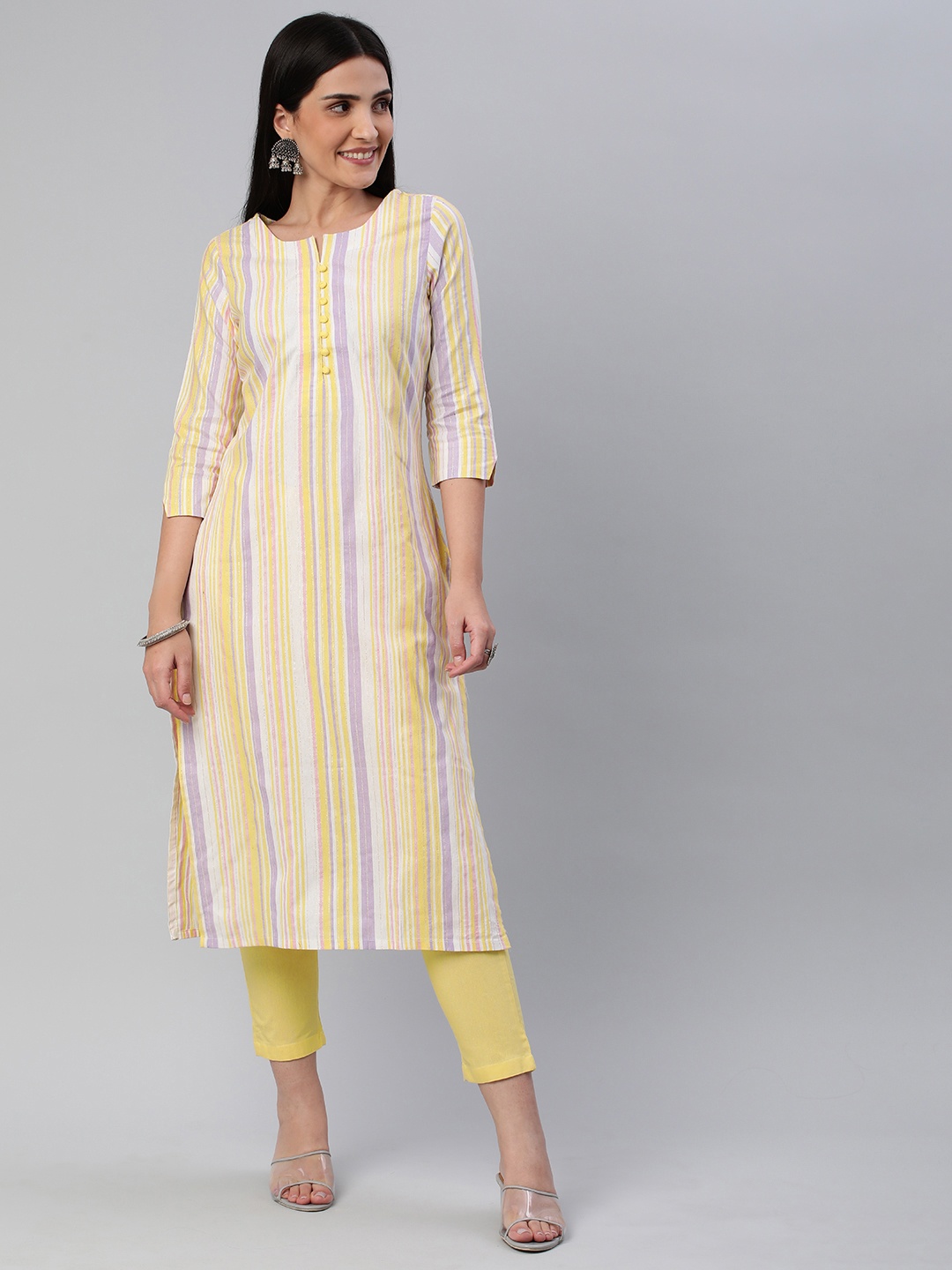 

KALINI Women Striped Pure Cotton Kurta With Trousers, Yellow