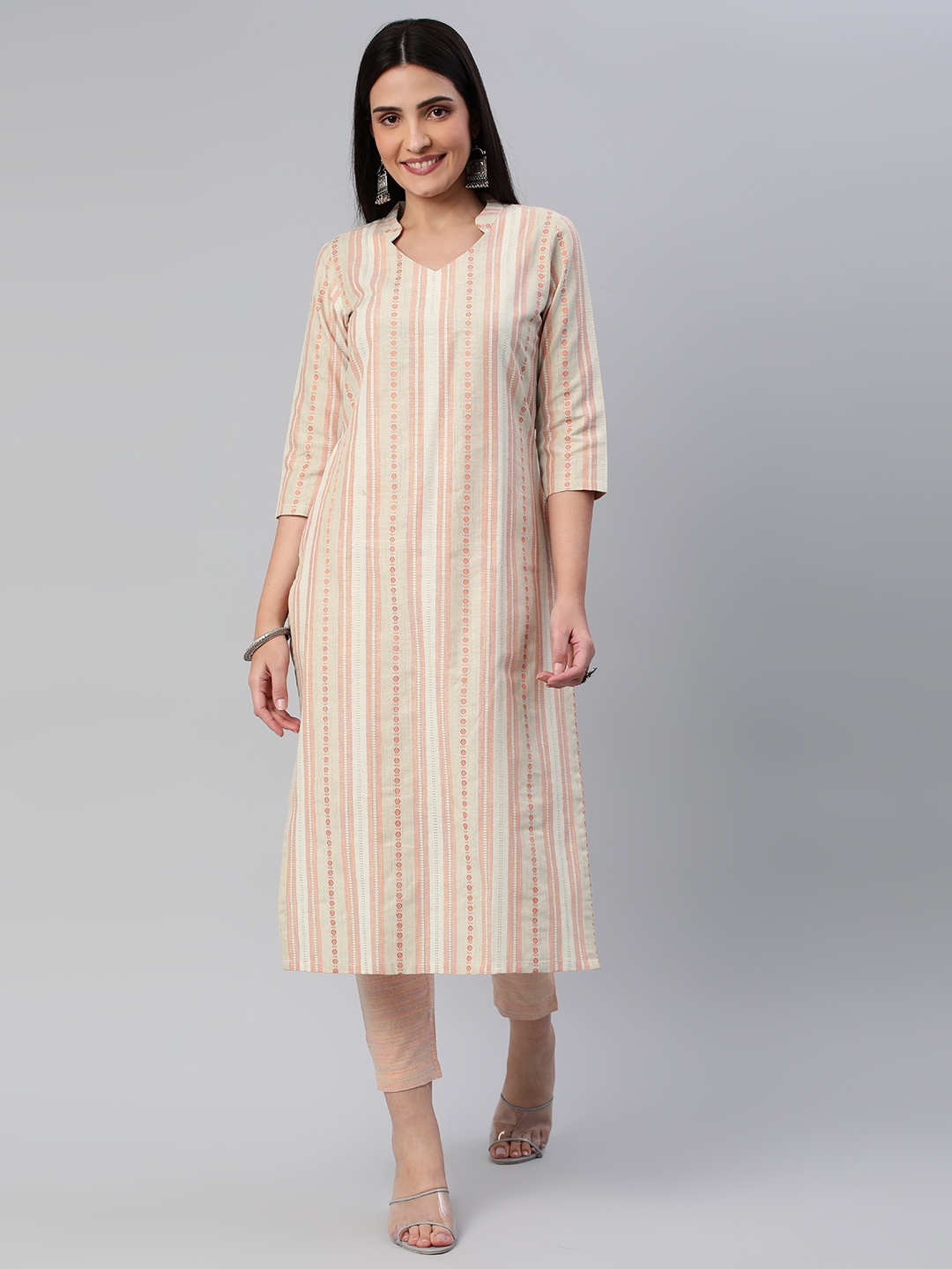 

KALINI Women Striped Pure Cotton Kurta With Trousers, Orange