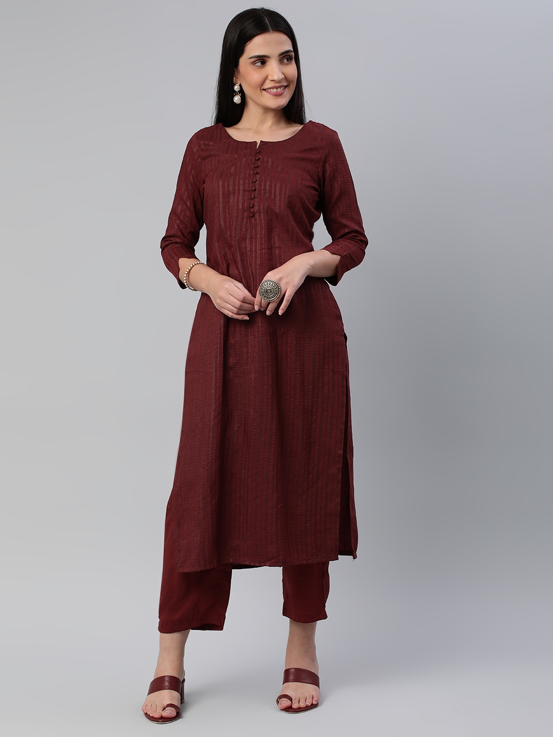 

KALINI Striped Round Neck Straight Kurta With Trousers, Maroon