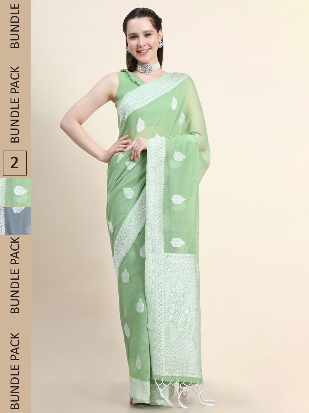 

AVANSHEE Pack of 2 Woven Design Zari Silk Blend Saree, Green