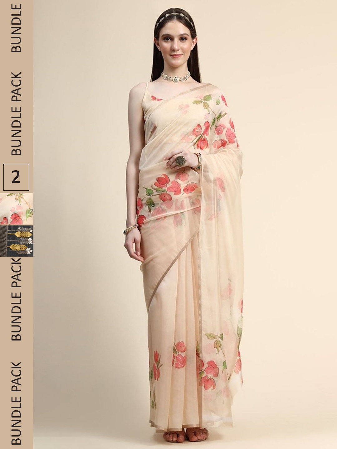 

AVANSHEE Pack of 2 Woven Design Zari Silk Blend Saree, Cream