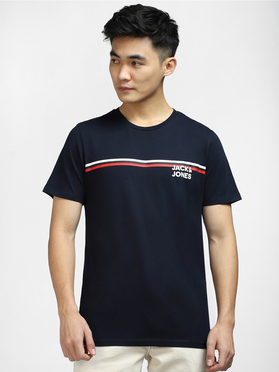 

Jack & Jones Men Striped Slim Fit Cotton T-shirt, Navy blue