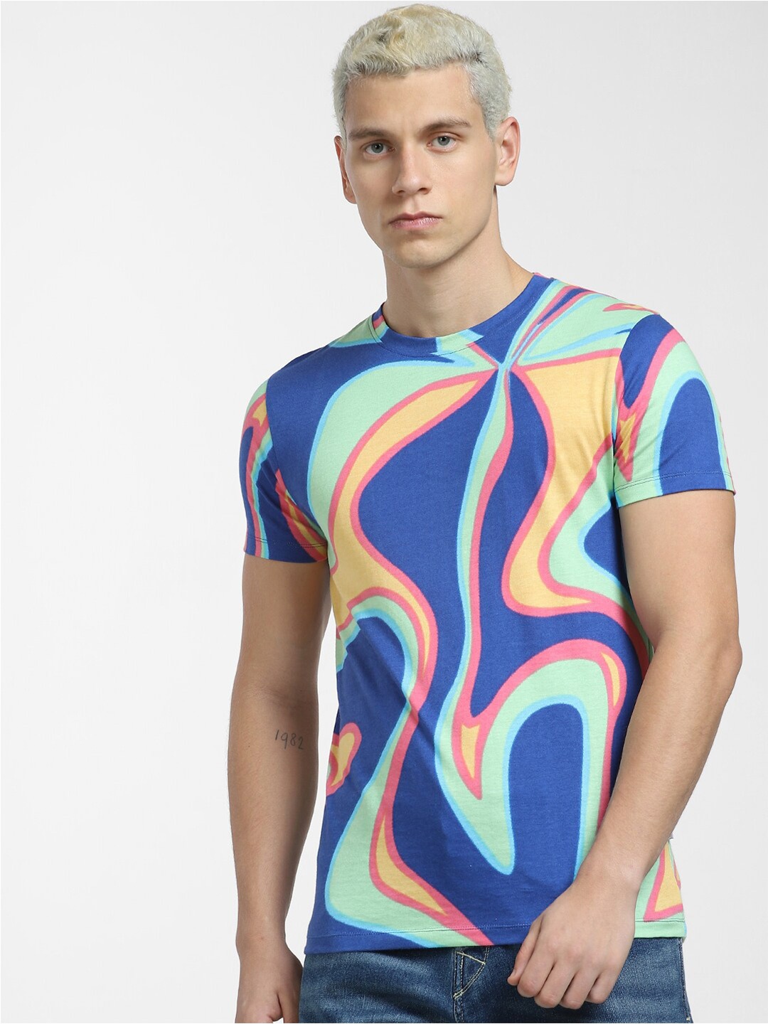 

Jack & Jones Men Abstract Printed Cotton T-shirt, Blue