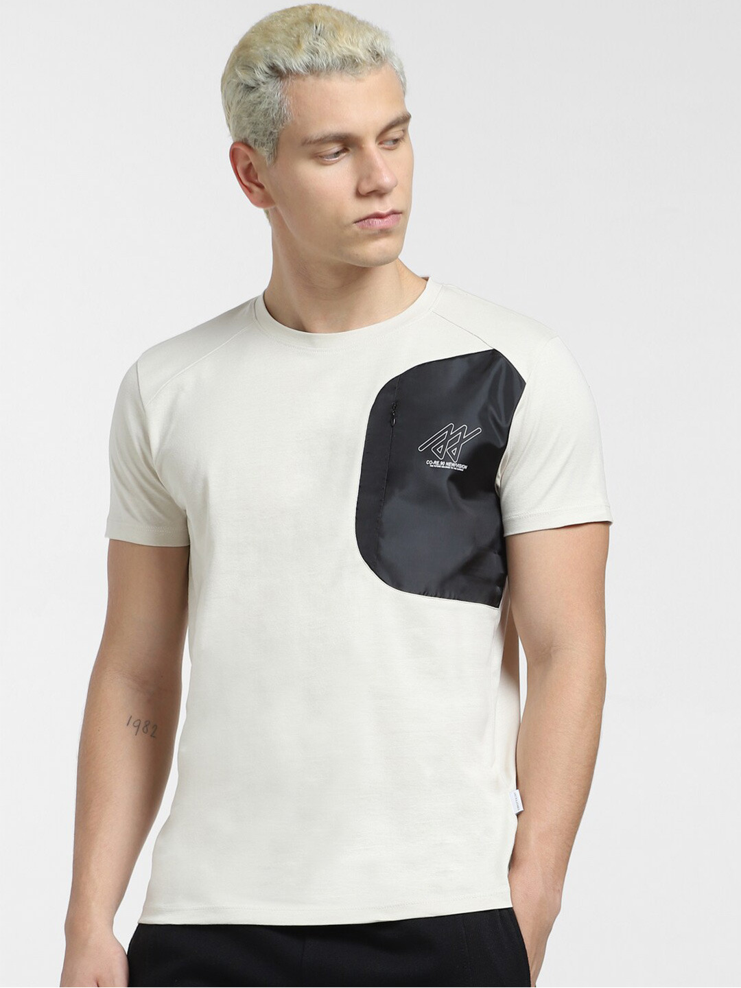 

Jack & Jones Men Colourblocked Slim Fit Cotton T-shirt, Off white