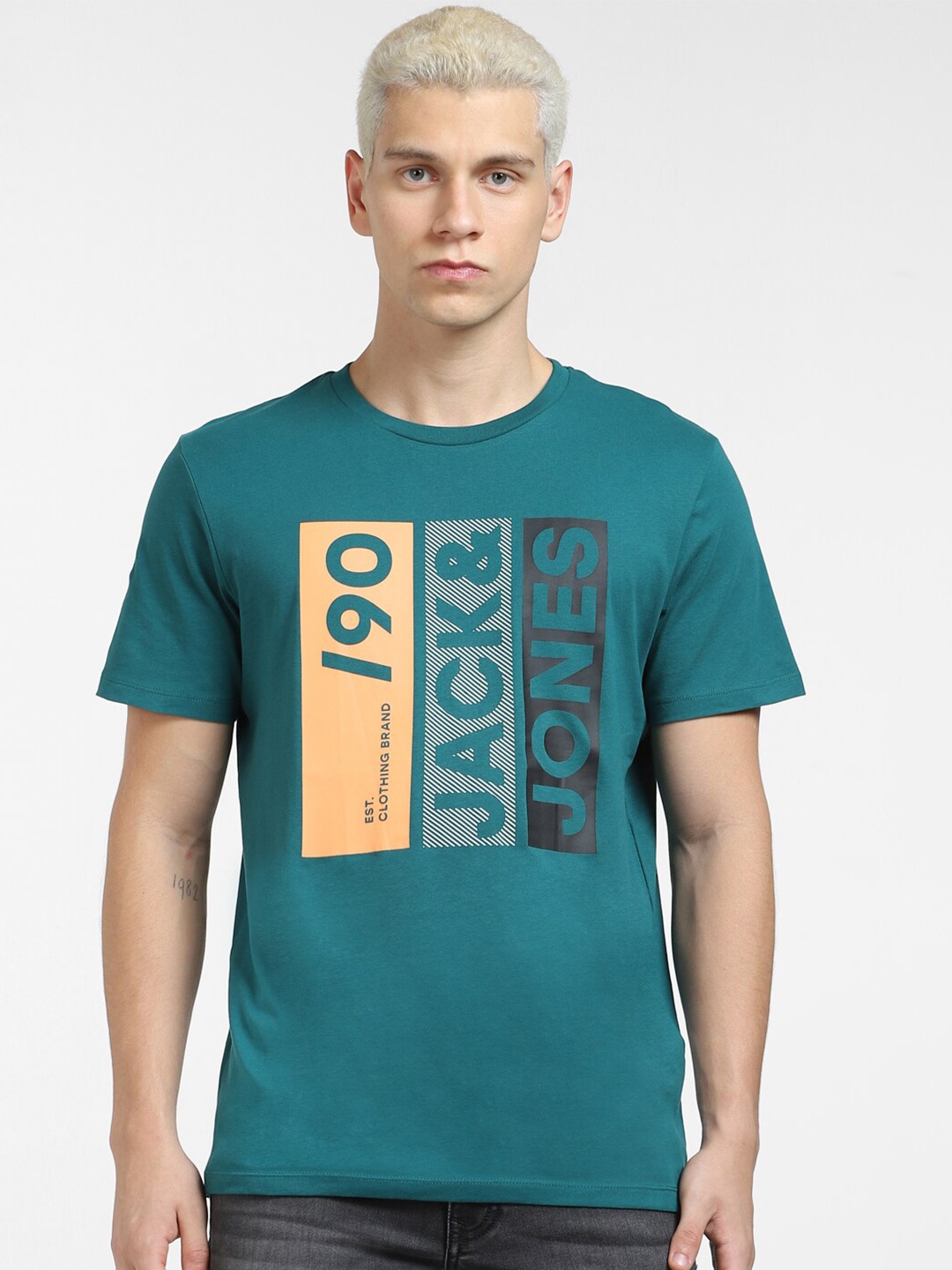 

Jack & Jones Men Typography Printed Slim Fit Cotton T-shirt, Teal