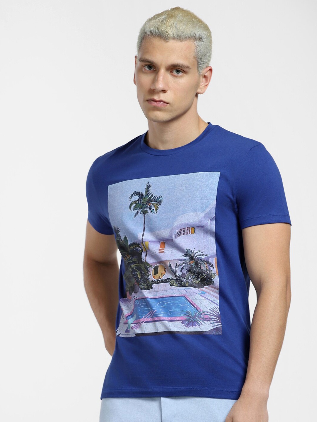 

Jack & Jones Men Graphic Printed Slim Fit Cotton T-shirt, Blue