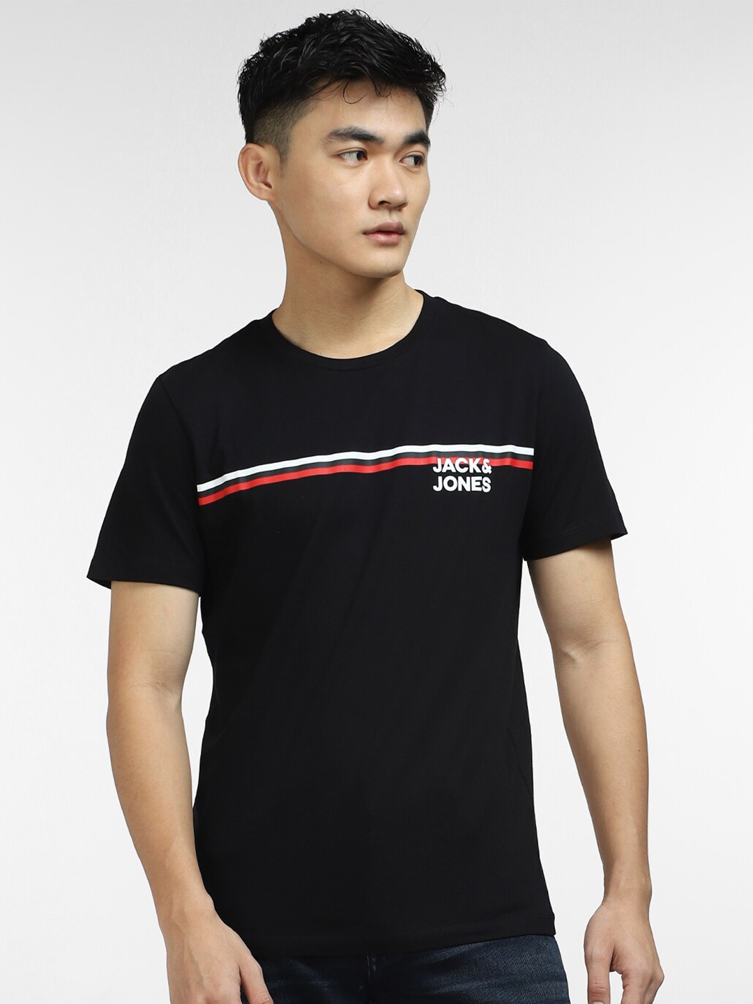 

Jack & Jones Men Striped Slim Fit Cotton T-shirt, Black