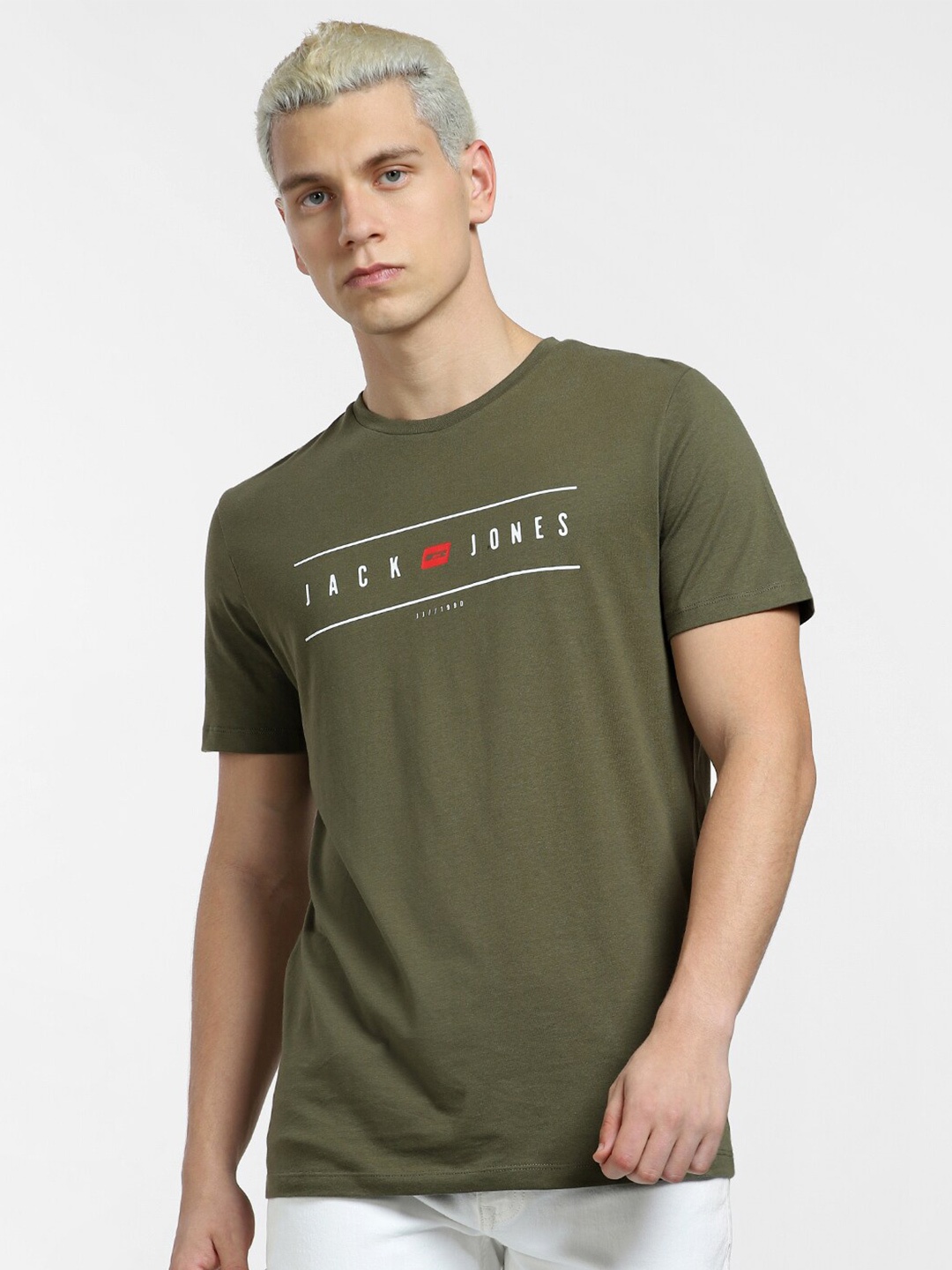 

Jack & Jones Men Brand Logo Printed Slim Fit Cotton T-shirt, Olive