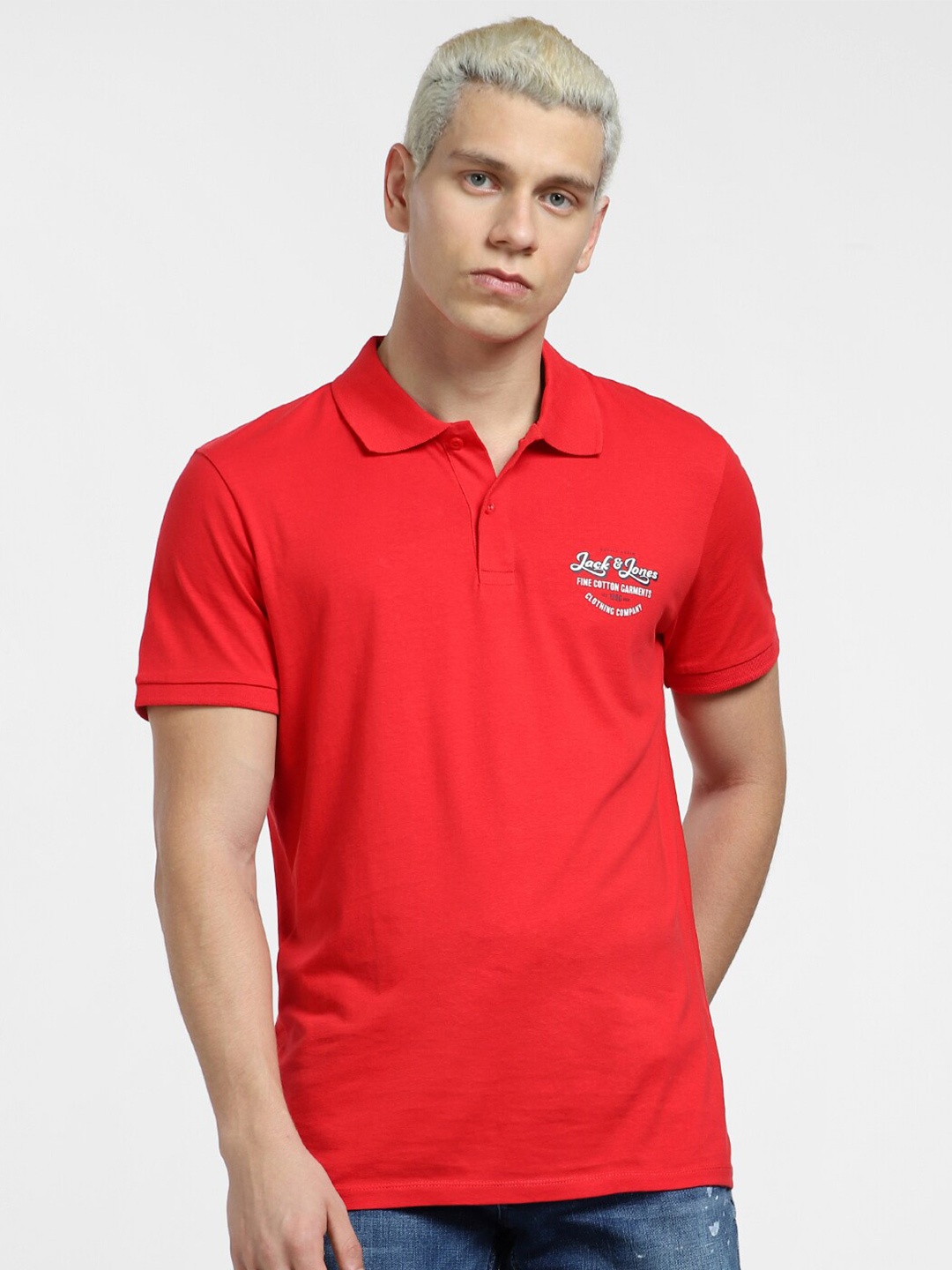 

Jack & Jones Men Red Polo Collar Slim Fit Cotton T-shirt