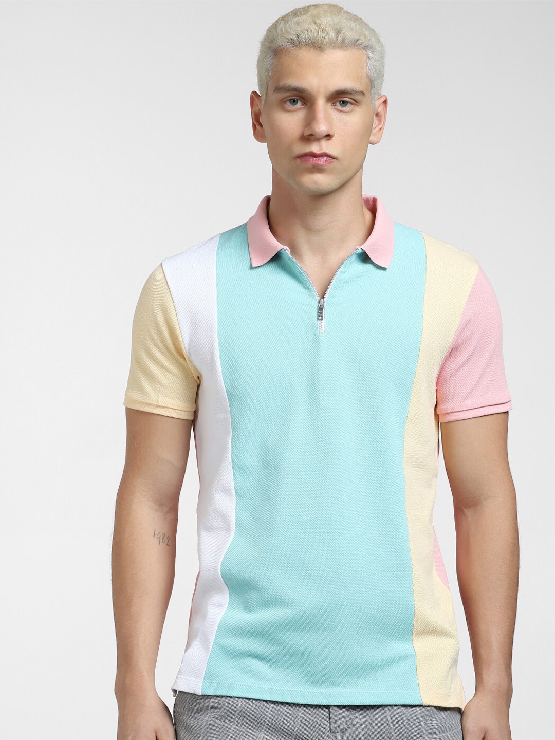 

Jack & Jones Men Colourblocked Polo Collar Slim Fit Cotton T-shirt, Blue