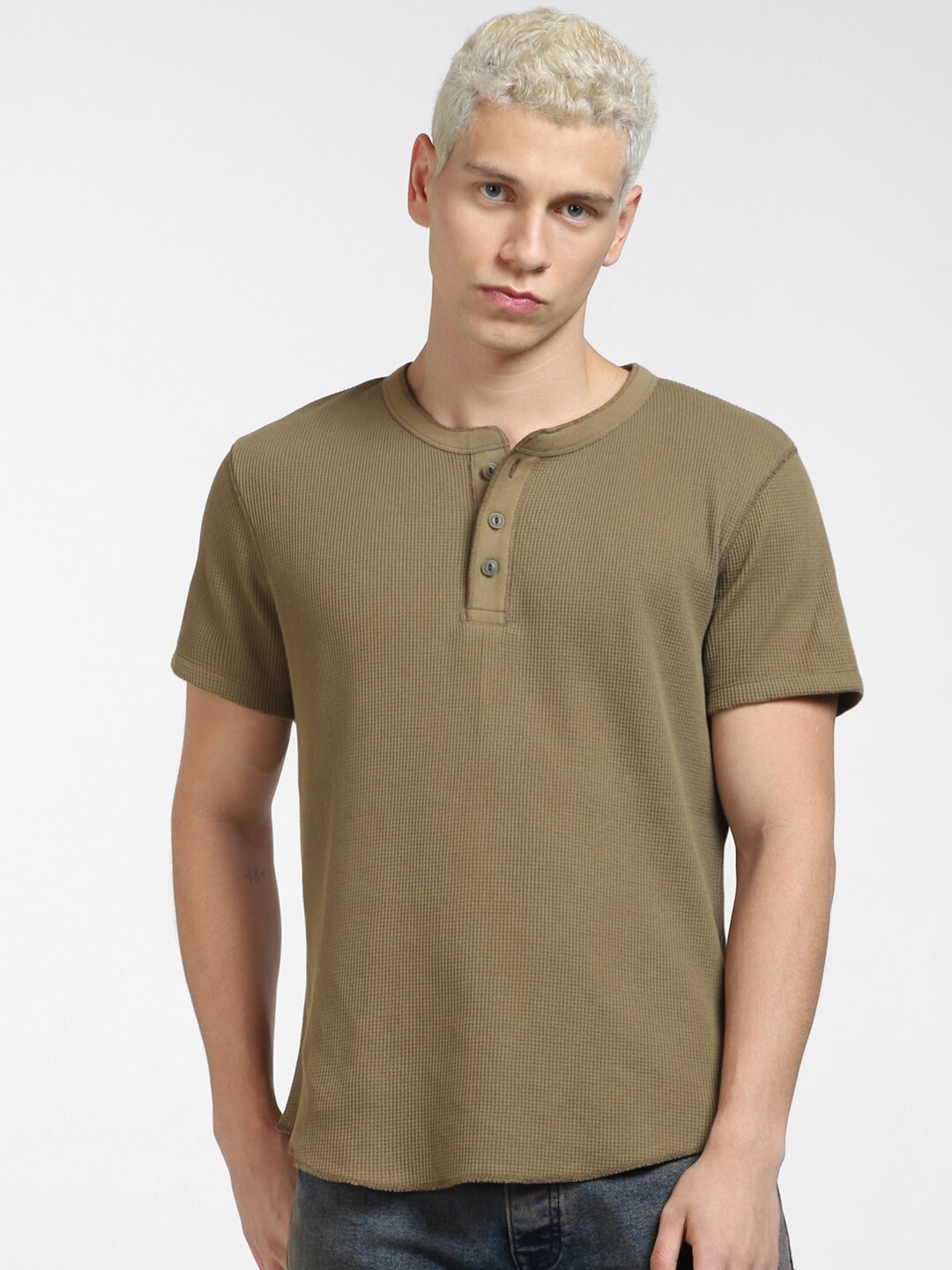 

Jack & Jones Men Henley Neck Slim Fit Cotton T-shirt, Brown