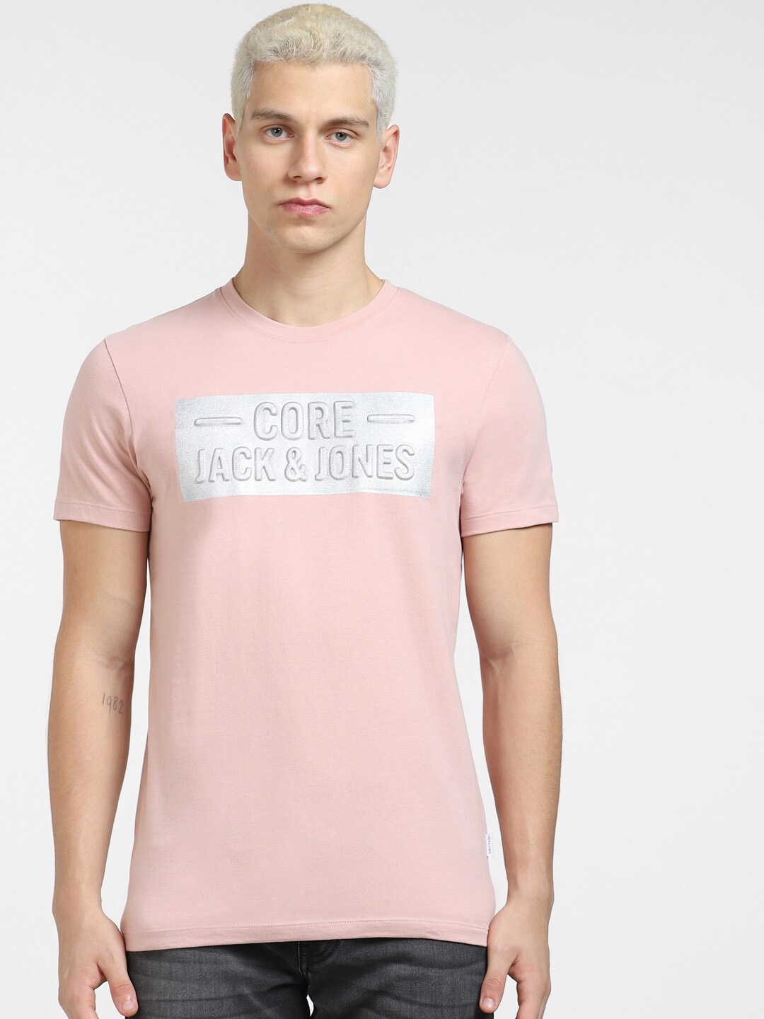 

Jack & Jones Men Cotton Typography Printed T-shirt, Pink