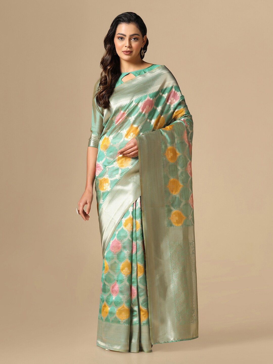 

Satrani Turquoise Woven Design Zari Organza Banarasi Saree, Turquoise blue