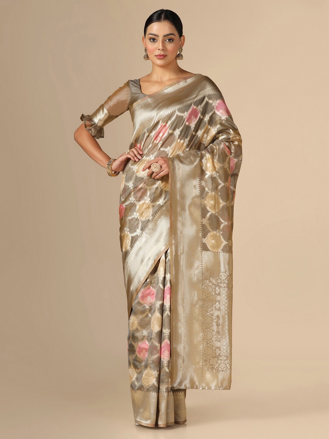 

Satrani Woven Design Zari Organza Banarasi Saree, Brown