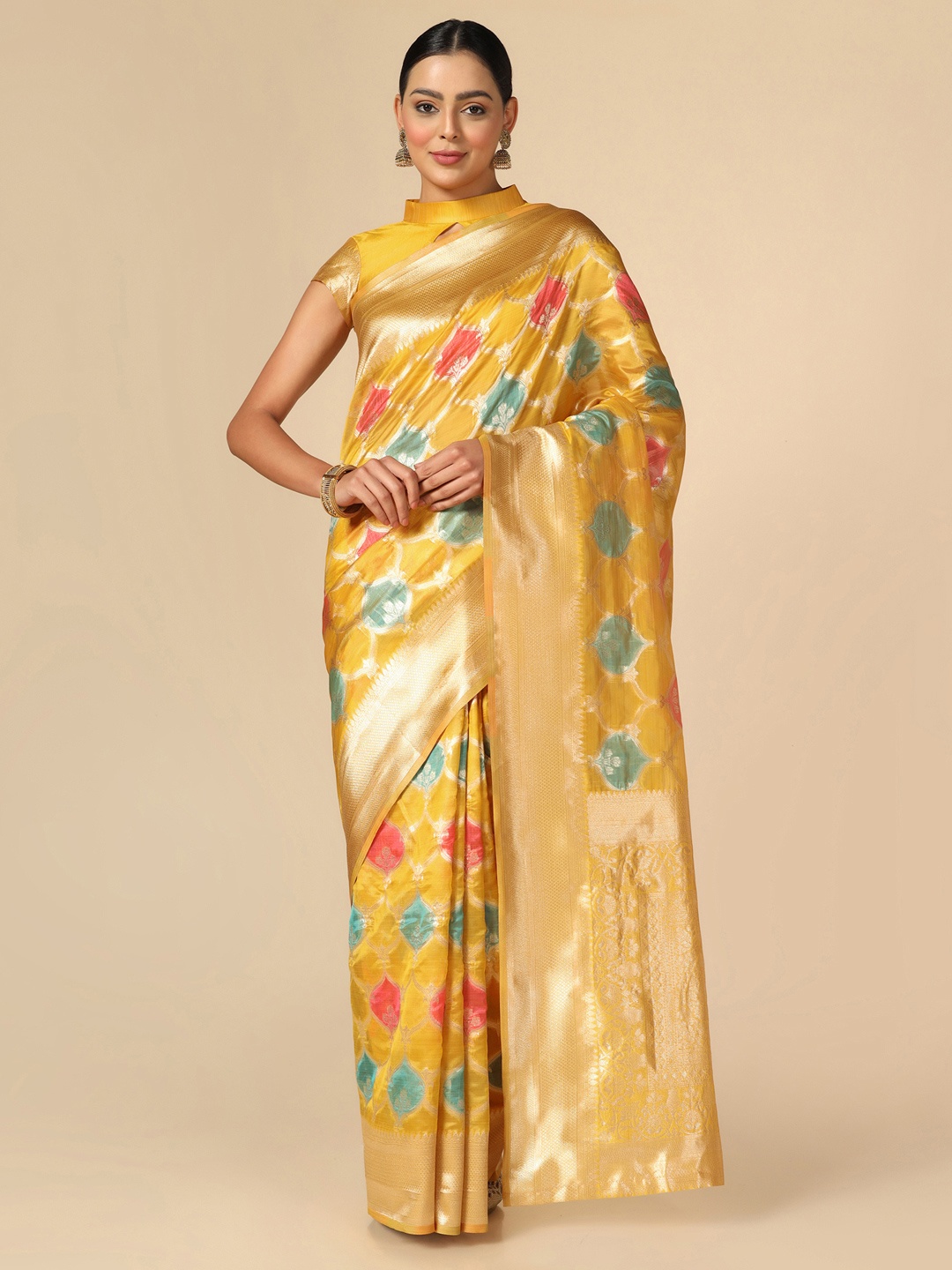 

Satrani Woven Design Zari Organza Banarasi Saree, Yellow