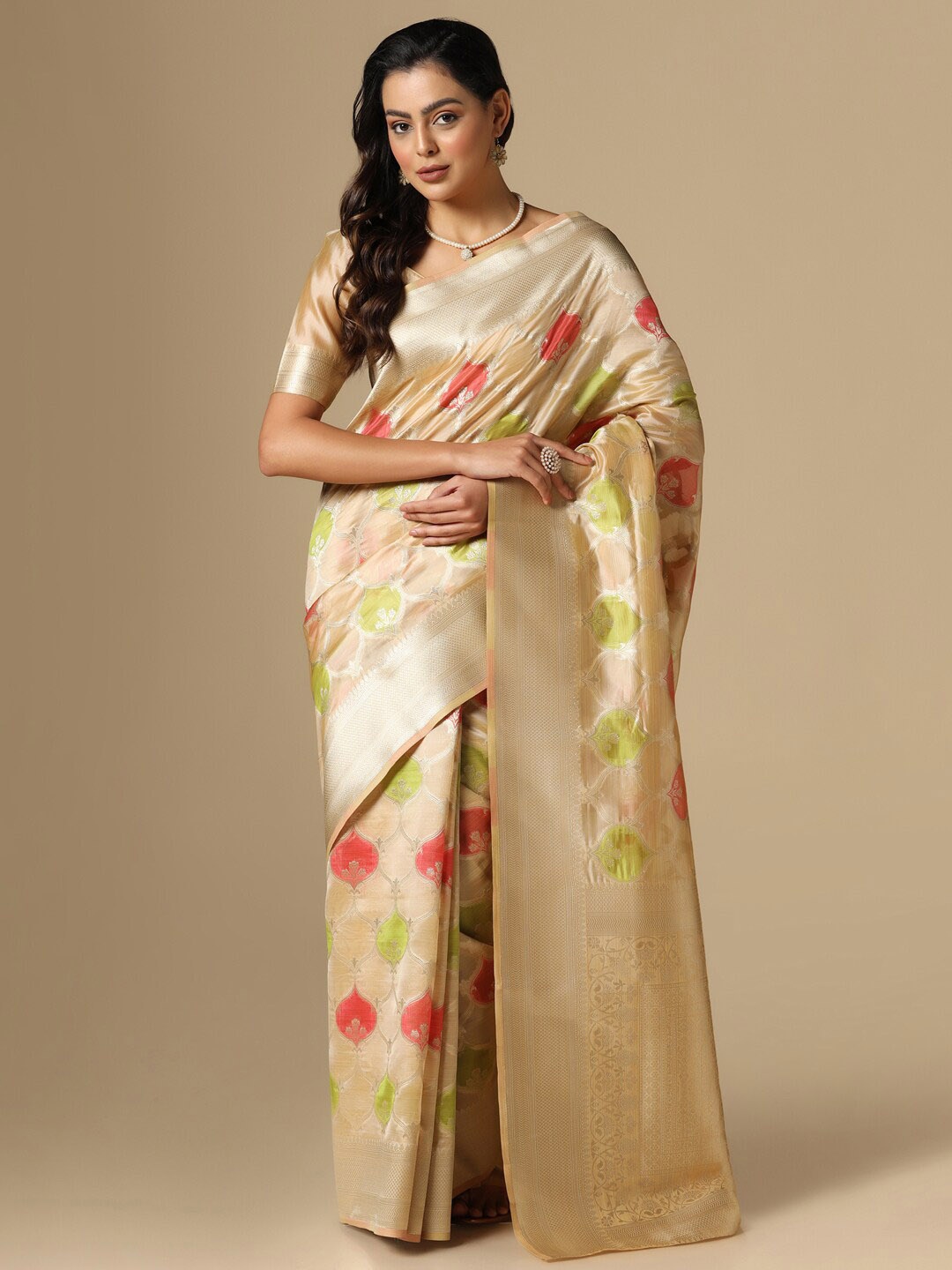 

Satrani Woven Design Zari Organza Banarasi Saree, Beige