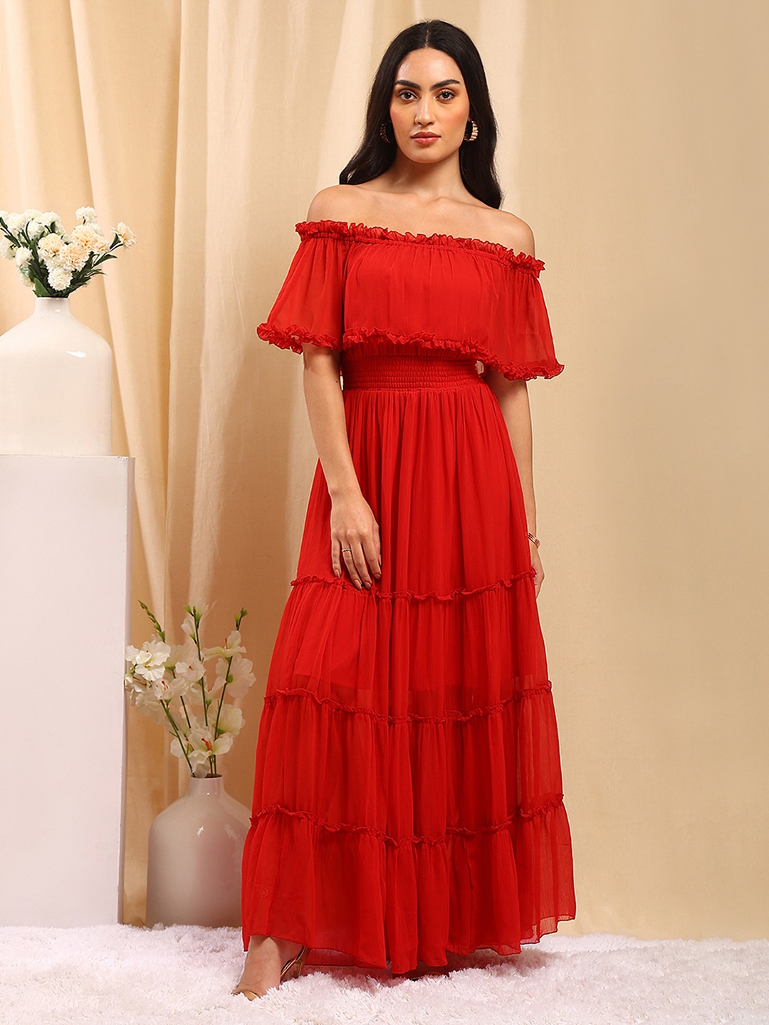 

TRENDY DIVVA Woman Solid Fit and Flare Off-Shoulder Midi Dress, Red