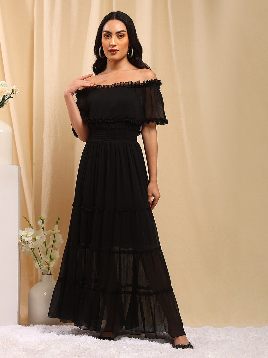 

TRENDY DIVVA Woman Solid Fit and Flare Off-Shoulder Midi Dress, Black