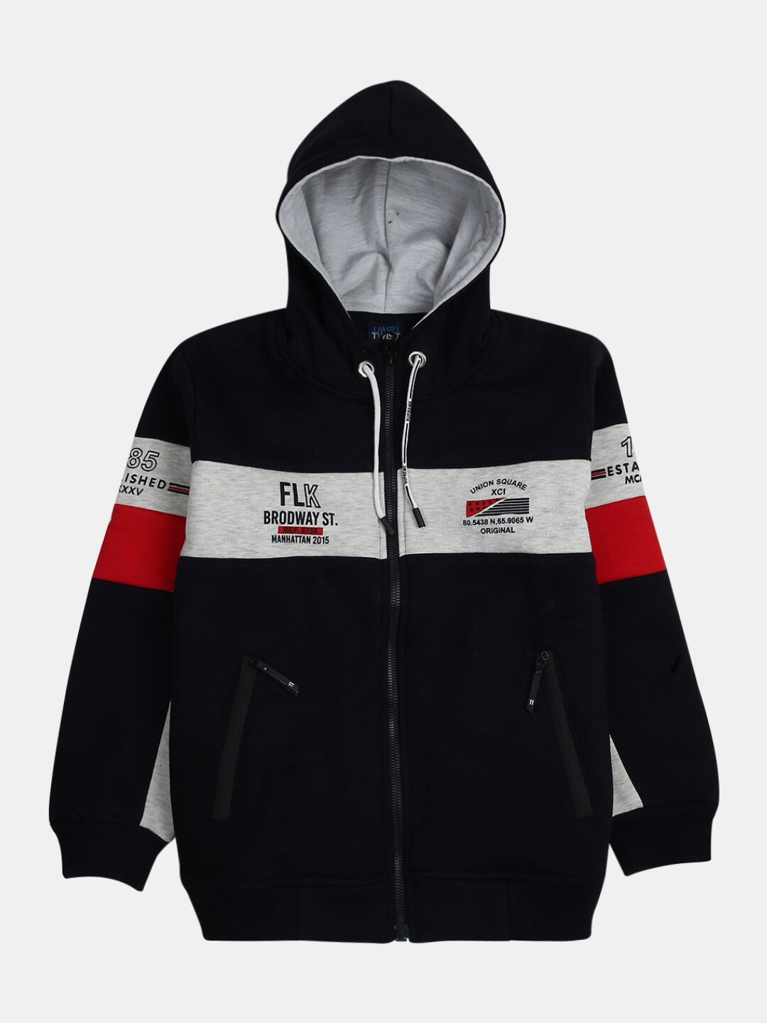 

V-Mart Boys Colourblocked Hooded Fleece Front-Open Sweatshirt, Navy blue