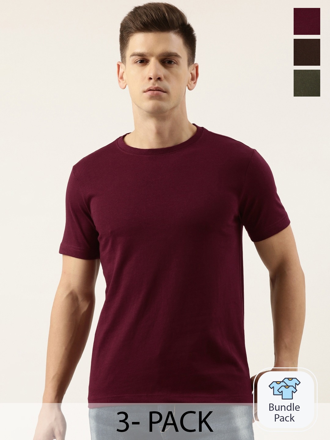 

Bene Kleed Men Pack of 3 Regular Fit Round neck Sustainable T-shirts, Brown