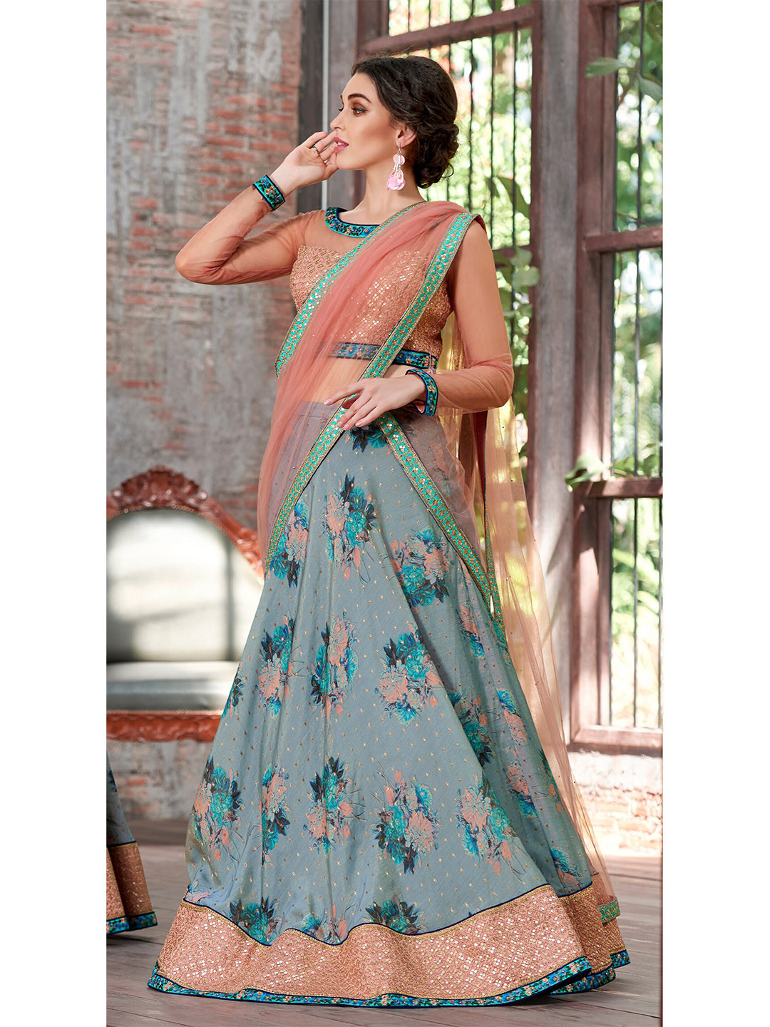 

SAPTRANGI Embellished Ready to Wear Lehenga & Blouse With Dupatta, Grey