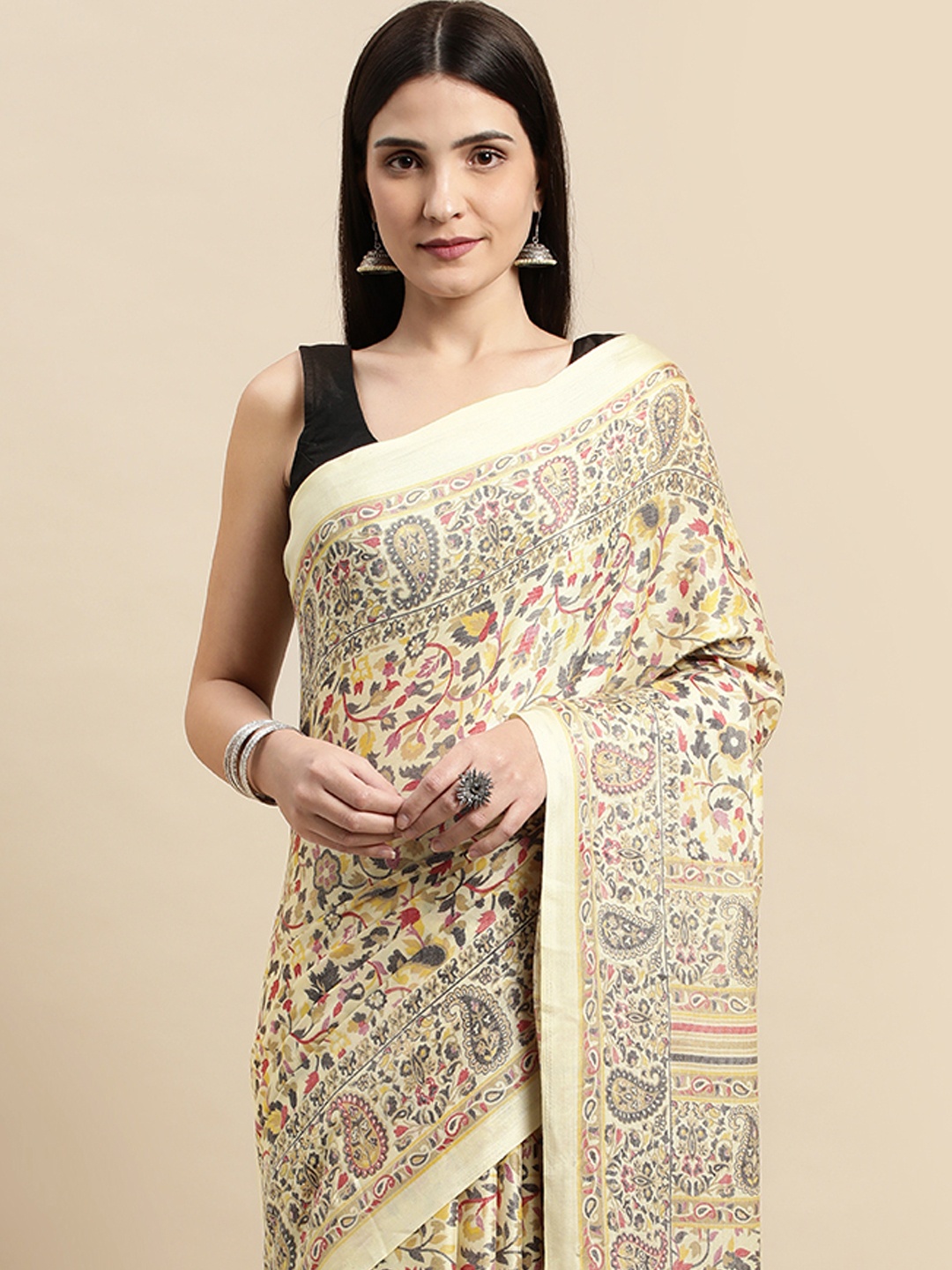

Mitera Floral Print Pashmina Silk Saree, White