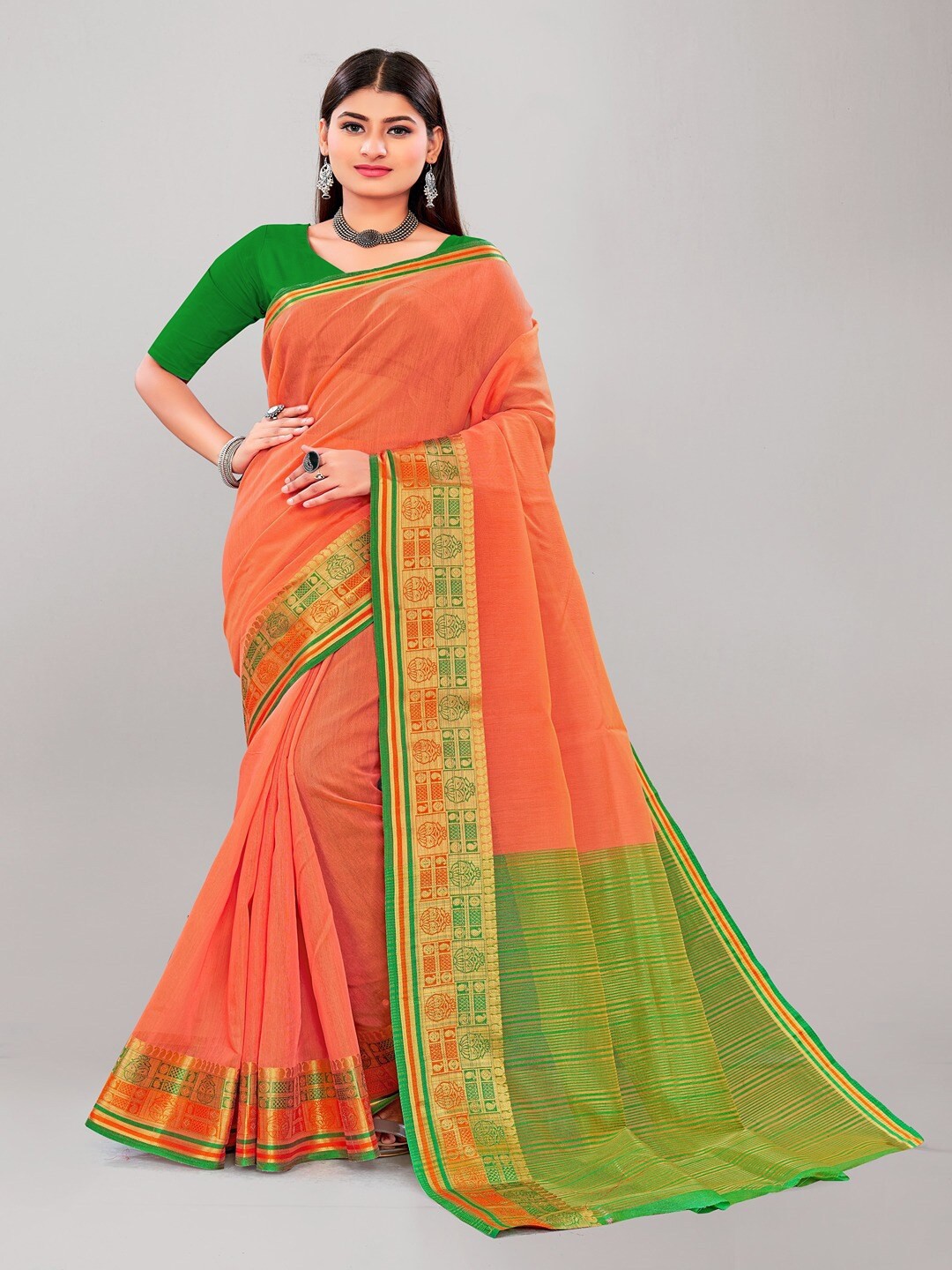 

HERE&NOW Zari Bordered Banarasi Pure Cotton Saree, Orange